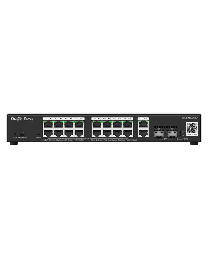Ruijie RG-ES220GS-P 16-Port 10/100/1000 Mbps PoE+, 2-Port Gigabit, 2-Port SFP, 250W Cloud Managed Switch